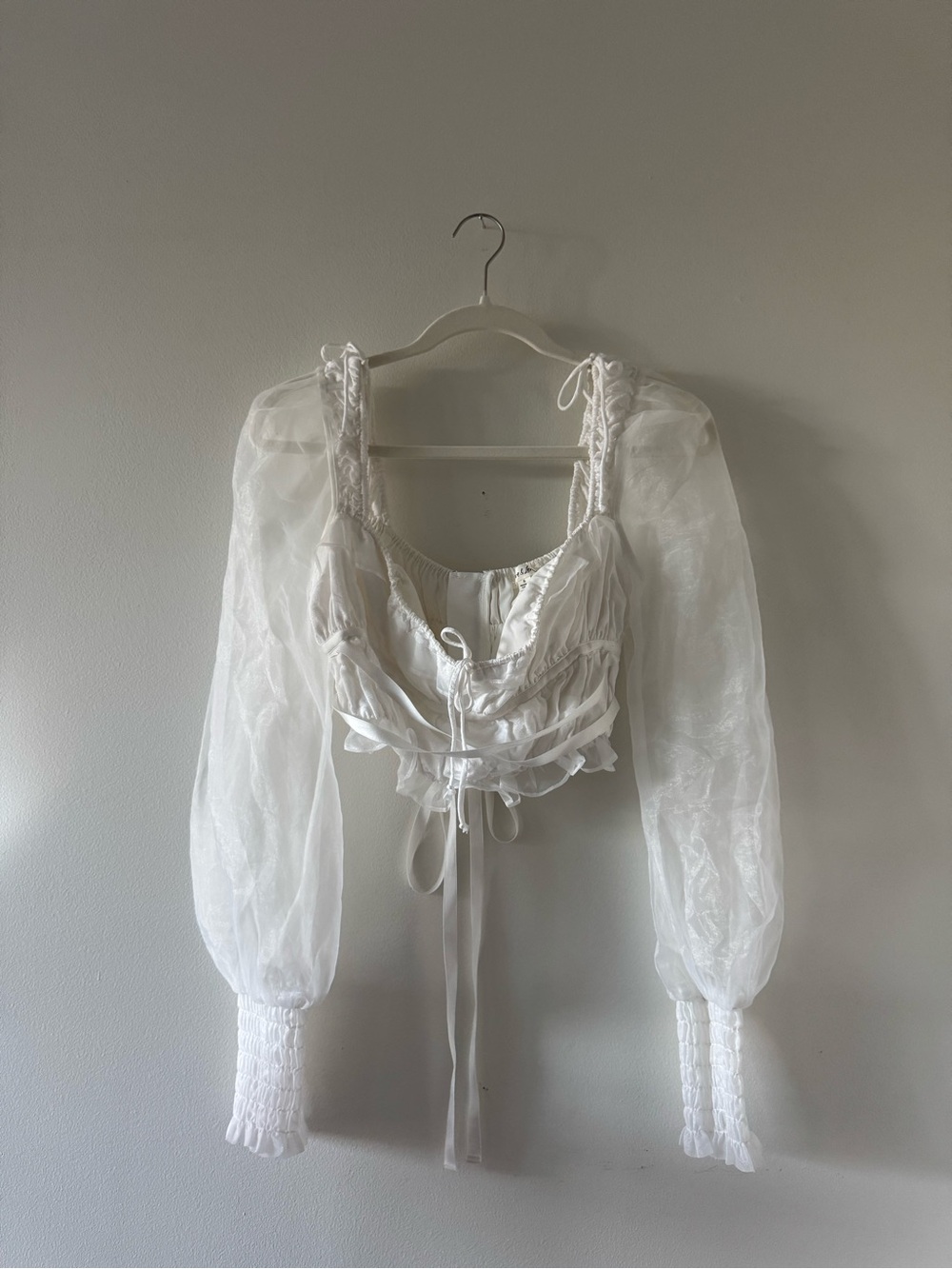 Gabriella For Love & Lemons White Sheer Puff Sleeve Crop Top